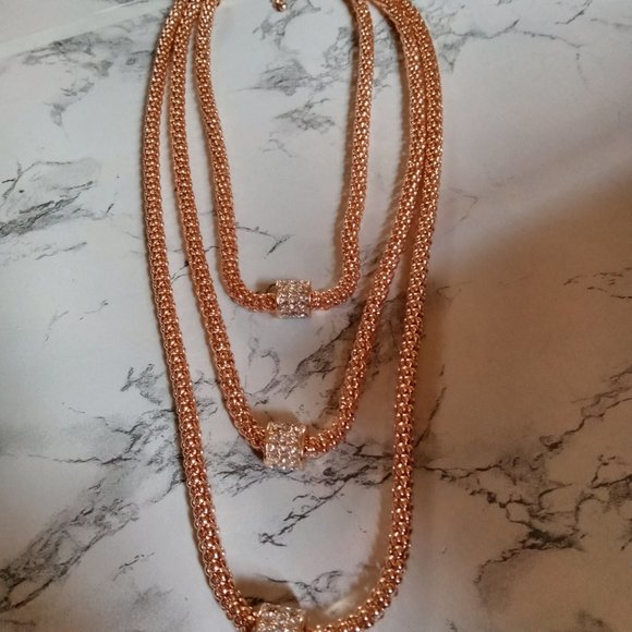 3 Tier Rose Gold Tone Popcorn Chain Each with crystal encrusted rondelle barrel - Picture 5 of 14